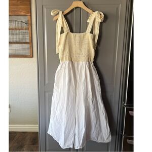 Kourt Drew Smocked Tie Shoulder Midi Dress, Yellow White, M